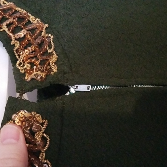 Vintage, M-L, dark green, gold trim around the neck dress, Designer Unknown - Picture 4 of 5